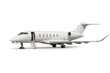 White luxury corporate aircraft with an opened gangway door isolated on transparent background