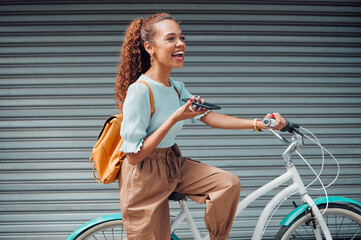 Wall Mural - Bike, woman and with phone in city with bicycle talk while outdoor in summer with fresh, edgy and trendy look. Eco friendly transportation, smile and happy girl have conversation, relax and in street