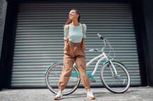 Woman, Happy And Bike With Backpack On Travel In City With Fashion On Road Outdoor. Black Woman, Bag And Smile For Holiday, Tourism Or Or Vacation With Bicycle In Summer On Street In San Francisco