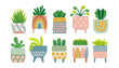 House plants set in colorful flowerpots. Trendy home decor with plants vector illustration. Flowers in pot