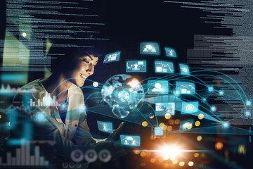 Aufkleber - Overlay, blockchain and woman networking on a digital global communication website, email and internet. Future, night and happy trader trading on the stock market while on social media for world news