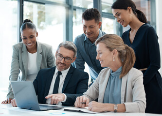 Wall Mural - Business people, laptop and team collaboration for planning, strategy and sharing idea at the office. Businessman leader, manager and training employee staff in teamwork meeting, learning on computer