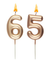 Gold birthday candles isolated on white background, number 65