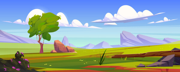 Wall Mural - Beautiful green meadow in mountain valley. Cartoon vector illustration of panoramic natural landscape, summer field with lush grass, stones, tree and rocks on horizon under calm blue sky with clouds