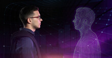 Young Man With His Digital Projection On Dark Background. Concept Of Digital Twin