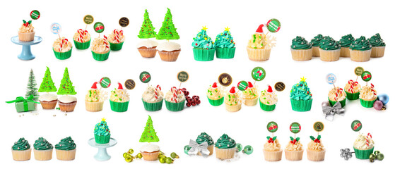 Wall Mural - Set of many tasty Christmas cupcakes isolated on white