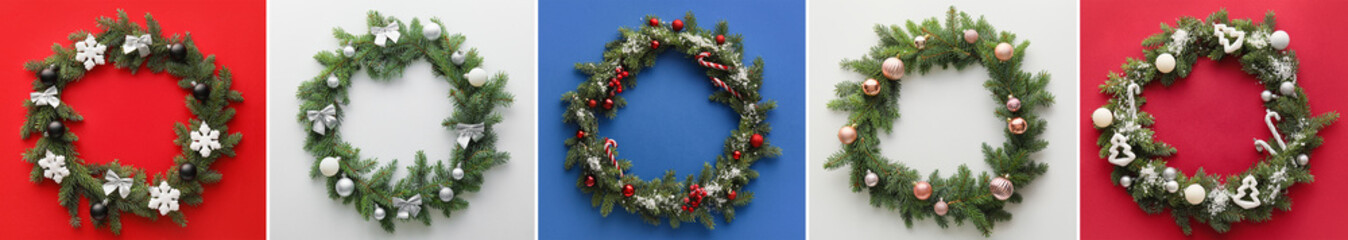 Wall Mural - Set of beautiful Christmas wreaths on colorful background