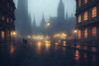 Gothic city in the rain, people walking in the street, illustration