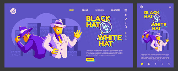 black vs white hat seo landing page template set. contemporary vector illustration of good, bad busi