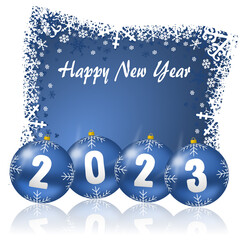 Aufkleber - Happy new year 2023 illustration, greeting card with snowflakes and Christmas balls on blue background