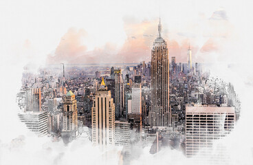 Wall Mural - New York City skyline with skyscrapers, watercolor drawing