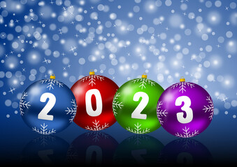 Aufkleber - New year 2023 illustration, greeting card with snowflakes and colorful Christmas balls on blue background