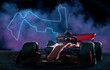 Sports racing car in the dark with illuminated thin line on top, indicating a street circuit map for racing car. smoke with color background. 3d rendering