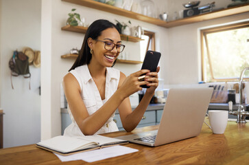 remote work, home and business woman with phone for communication, connection and typing while smile