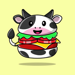 Cute Cow Burger Cartoon Vector Icons Illustration. Flat Cartoon Concept. Suitable for any creative project.
