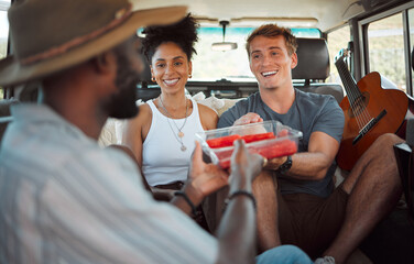 Canvas Print - Diversity, friends and on road trip share food, watermelon and in van while travel, fun vacation and enjoy holiday together in summer. Group, happy and with fruit in vehicle on journey and adventure