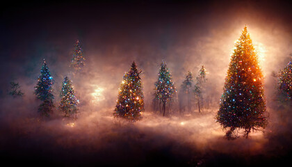 Magical Christmas forest, AI render.