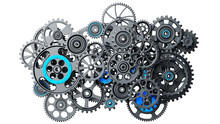 Mechanism Black-blue Metallic Gears And Cogs At Work On White Background Under Spot Light Background. Industrial Machinery. 3D Illustration. 3D High Quality Rendering. 3D CG. PNG File Format.