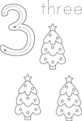 Wall Mural - Flashcard number three. Preschool worksheet. Christmas tree.