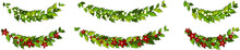 Christmas Decorations With Red Poinsettia Flowers And Holly Leaves And White Berries. Horizontal Arch Garland
