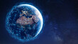 © NicoElNino - Communication technology with global internet network connected around the world. Telecommunication and data transfer international connection links. IoT, finance, business, blockchain, security.