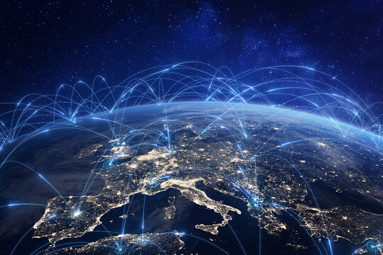 communication technology with global internet network connected in europe. telecommunication and dat