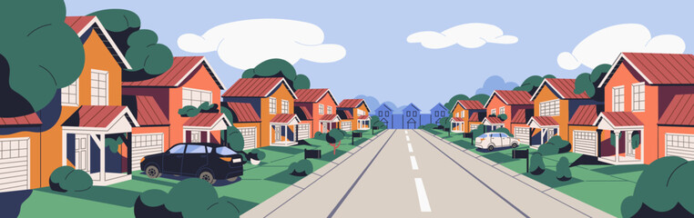 Fototapete - Street with houses at suburban residential district. Home buildings, road in small town. Real estate in suburbs. Suburbia landscape, outskirts panorama in perspective. Flat vector illustration