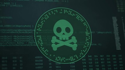 Wall Mural - close-up of a dirty computer monitor with a skull and crossbones, concept of virus attack, malware,  computer hacking (3d render)