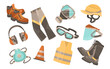 Safety accessories for workers vector illustrations set. Collection of personal protective equipment for workers isolated on white background. Safety, security, protection, prevention concept