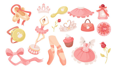 Accessories for ballet dancer vector illustrations set. Collection of pink objects and clothes, perfume, pointe shoes, tutu, hairbrush, tiara isolated on white background. Ballet, decoration concept