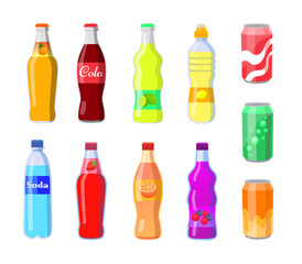 Sodas in glass and plastic bottles or cans set. Vector illustrations of fizzy cold energy drinks. Cartoon various carbonated water and sparkling beverage isolated on white. Refreshment concept