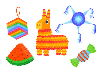 Wall Mural - Cute colorful pinatas for parties vector illustrations set. Mexican paper toys with treats inside in shape of donkey, candy for birthday or carnival isolated on white background. Celebration concept