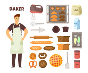 Wall Mural - Baker and his equipment for cake, bread and other food cooking. Male character in apron with flour, mixer and baking cartoon vector illustration set. Cook profession, restaurant concept