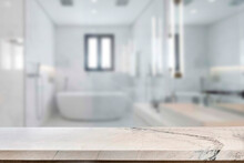 Empty Marble Top Table With Blurred Bathroom Interior Background. For Product Display. 

