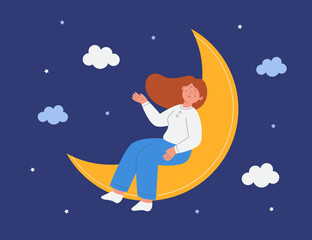 Happy calm cartoon girl sleeping on moon on blue background. Deep sleep or REM, female person dreaming or relaxing at night flat vector illustration. Relaxation, health concept for banner