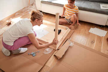 Wall Mural - Mother and daughter assembling new furniture - moving in into a new home.