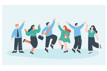 Wall Mural - happy team of office workers jumping with joy and laughing. professional corporate business people c