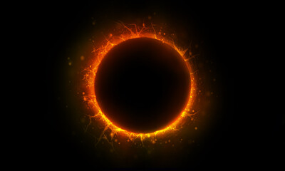 Wall Mural - yellow lightning bright circle on black background. light effect.