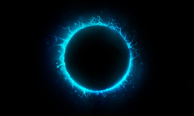 Wall Mural - technology blue lightning bright circle on black background.