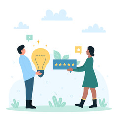 Customers feedback on quality of service improvement, idea suggestion vector illustration. Cartoon tiny people holding big light bulb and five stars satisfaction, loyalty of satisfied characters