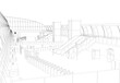 The outline of the station from black lines isolated on a white background. Airport terminal with people. 3D. Vector illustration.