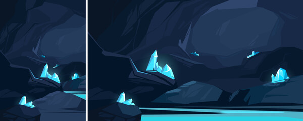 Wall Mural - Cave with blue crystals. Underground location in different formats.