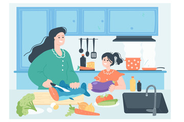 Mom and little daughter making healthy dinner together. Woman and girl cooking vegetables and fish at table of home kitchen flat vector illustration. Happy family, motherhood, lifestyle concept