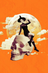 Wall Mural - Vertical collage image of cheerful conjurer girl sit big skull head full moon clouds isolated on orange background