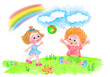 © Elena - A boy and a girl are playing ball under the rainbow.