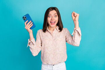 Wall Mural - close up photo of overjoyed positive lady rejoice celebrate million instagram twitter blog followers