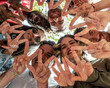 © MandriaPix - Group of happy friends standing in circle in park and showing peace or victory sign, view from below, seven people from a multiracial family