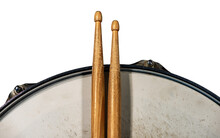 Close-up Of Two Wooden Drumsticks And An Old Metallic Snare Drum, Isolated On White Or Transparent Background, Photography, Png. Percussion Instrument.