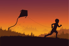 The Boy Or Child Silhouette Flying A Kite  N The Hillside Grassland Early In The Evening.