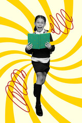 Sticker - Creative photo 3d collage poster postcard artwork of excited happy small girl schoolkid running school isolated on drawing background